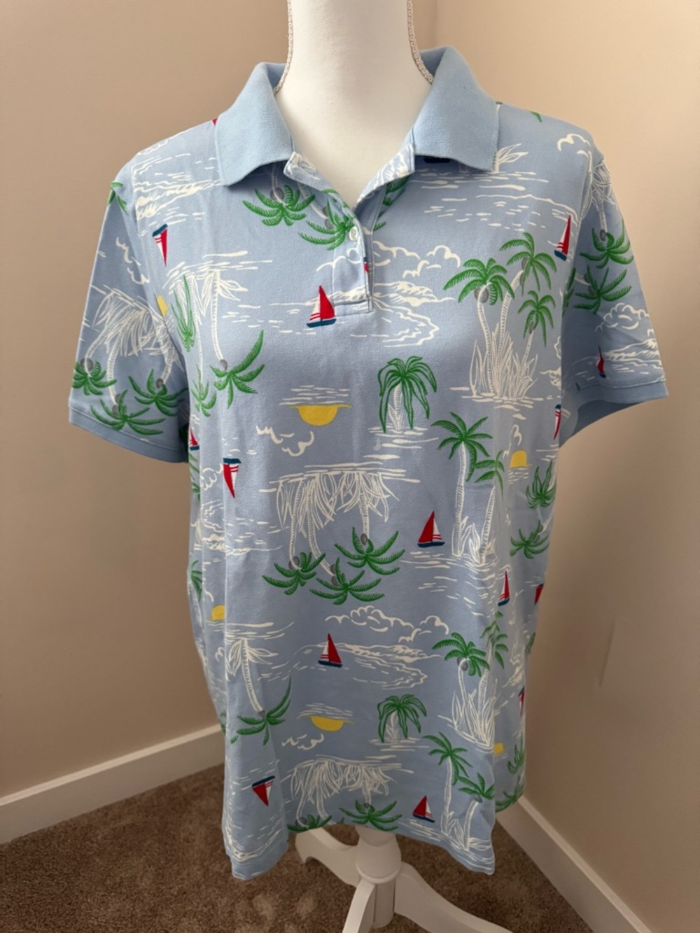 Lands end Women’s Light Blue Tropical Print Polo Shirt
